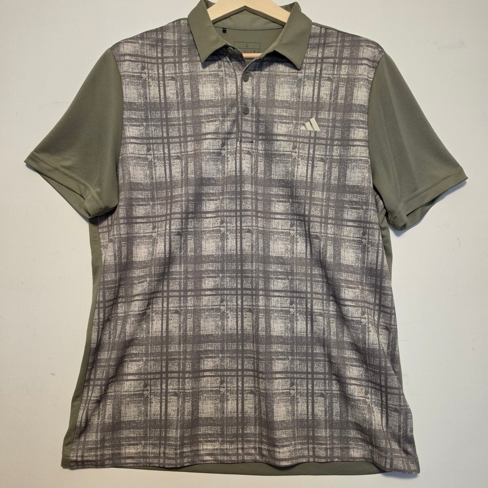 Adidas Distressed Plaid Grid Print Golf Polo Shirt Olive Green Mens Size Large